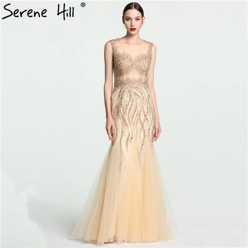 Green evening dress-On Sale no return no refundSale O-Neck Luxury Illusion Mermaid Evening Dresses Long Sexy Beading Crystal Fashion Evening Gown Serene Hill LA6119