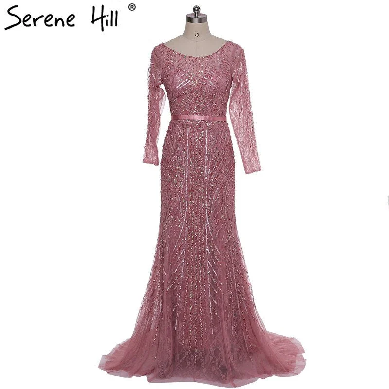 Off-white evening dress-On Sale no return no refundSale 2024 Long Sleeves Sequined Beading Evening Dress Fashion Mermaid Luxury Formal Evening Gowns Serene Hill LA6030