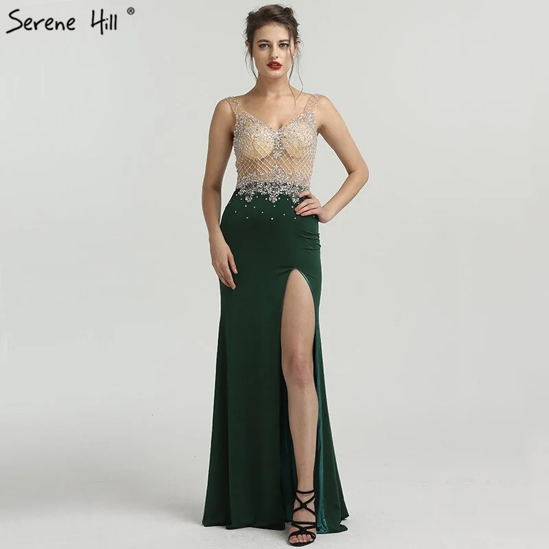 Sleeveless evening dress-On Sale no return no refundSale 2024 Newest Green Sleeveless Mermaid Evening Dresses Fashion Diamond Beading Sexy Evening Gowns Serene Hill LA6592