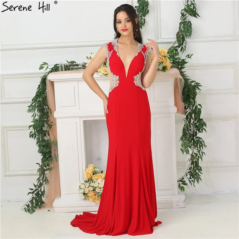 Black evening dress-On Sale no return no refundSale 2024 Red Deep V-Neck Sexy Evening Dresses Beading Sleeveless Bride Toasting Evening Gowns Serene Hill LA6680