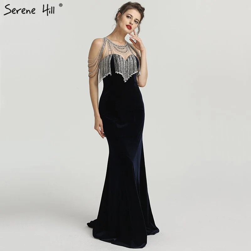 Burgundy evening dress-On Sale no return no refundSale 2024 Sleeveless Beading Tassel Mermaid Evening Dresses New Red Velour Sexy Elegant Evening Gowns Serene Hill LA6586