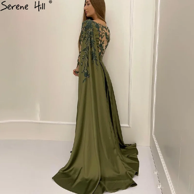 Evening dress for black tie-On Sale no return no refundSale Arabic One Shoulder Olive Green Muslim Evening Dress with Cape Long Sleeves Women Wedding Party Gowns Elegant Plus Size LA70985