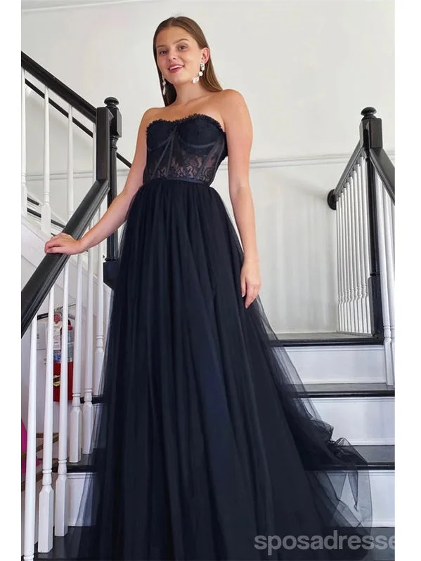 Evening dress with lace-Black A-line Sweetheart Sleeveless Long Prom Dresses Online,13065