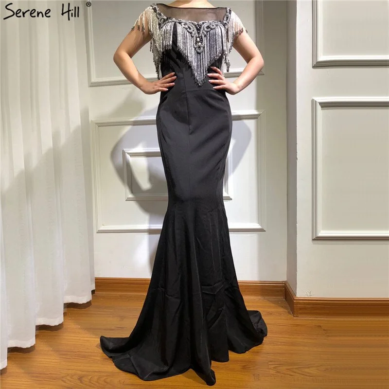 Evening dress for prom-On Sale no return no refundSale Black Sleeveless Mermaid Evening Dresses 2024 Beading Tassel Sexy Elegant Formal Dress Serene Hill LA70078