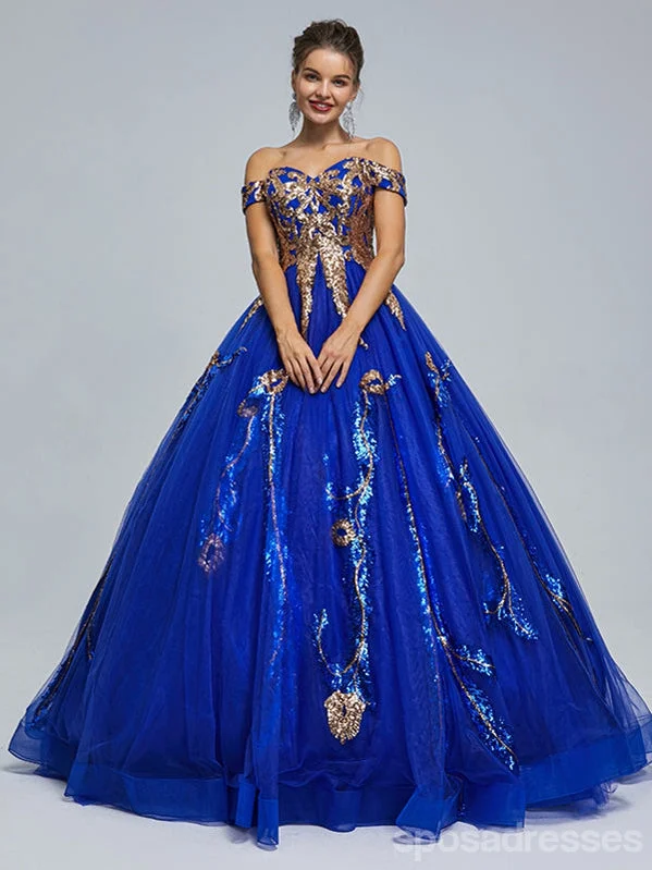 Evening dress with spaghetti straps-Blue A-line Off Shoulder Sleeveless Cheap Long Prom Dresses Online,13053