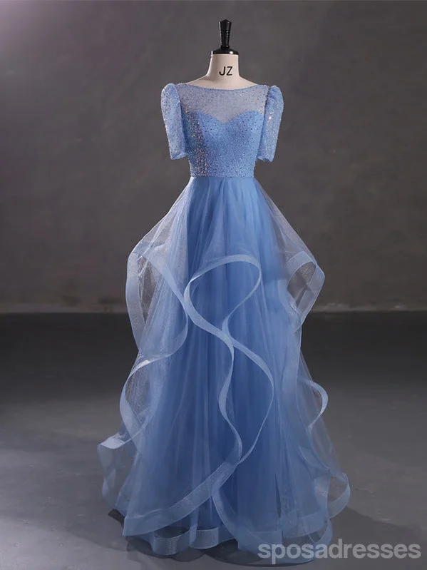 Evening dress with illusion sleeves-Blue A-line Short Sleeves Jewel Cheap Long Prom Dresses Online,12983