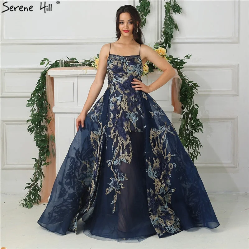 Evening dress for weddings-On Sale no return no refundSale Blue Embroidery Pearls Designer Evening Dresses Sleeveless Back Evening Gowns LA6685