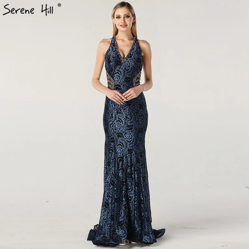 Evening dress with A-line-On Sale no return no refundSale Blue Halter Sleeveless Dubai Design Evening Dresses Real Photo Beading Lace Sexy Evening Gowns 2024 Serene Hill LA60818