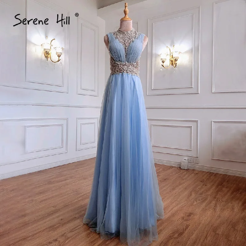 Evening dress with puff sleeves-On Sale no return no refundBlue Luxury A-Line Evening Dresses Gowns 2024 Beaded Sleeveless For Women Wedding Party LA70961 Serene Hill