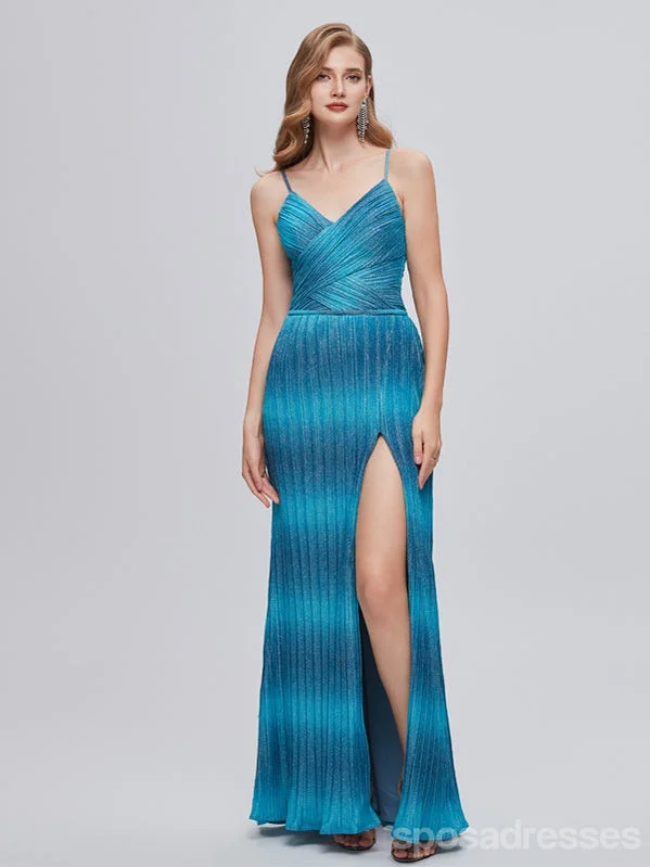 Evening dress with embellishments-Blue Mermaid Spaghetti Straps Side Slit V-neck Cheap Prom Dresses,12990