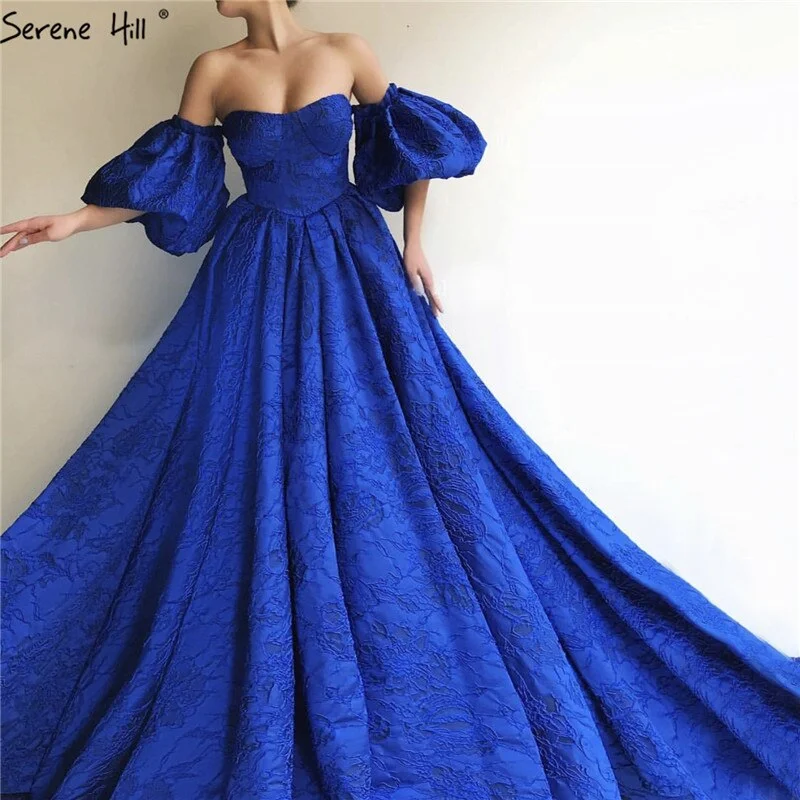 Evening dress with backless design-On Sale no return no refundSale Blue Off Shoulder Puff Half Sleeves Evening Dresses Dubai Sexy Fashion Formal Evening Gowns Serene Hill LA60923