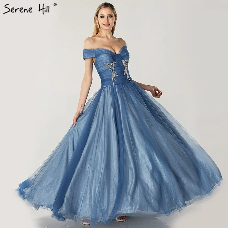 Evening dress with bow-On Sale no return no refundSale Blue Off Shoulder Sexy Ball Gowns Evening Dresses 2024 Tulle Beading Crystal Sleeveless Evening Gowns Serene Hill LA6678