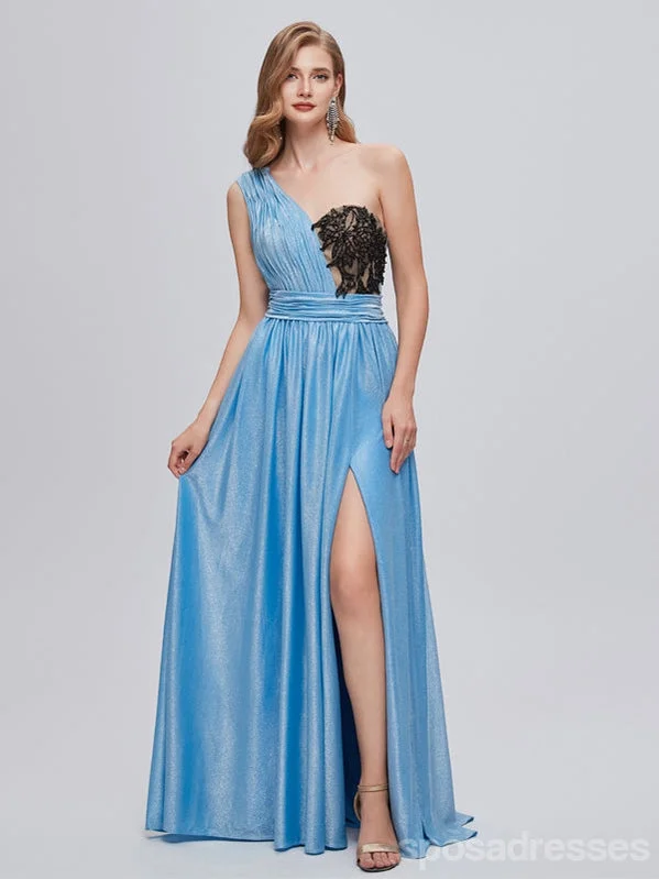 Evening dress with crystals-Blue One Shoulder A-line High Slit Cheap Long Prom Dresses Online,12991