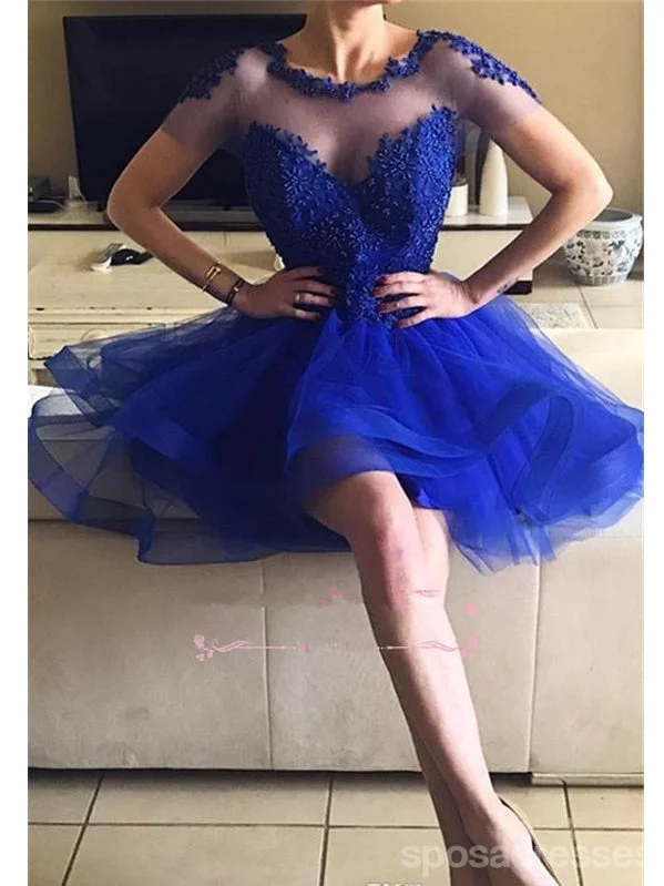 Halter neck evening dress-Blue Short Sleeves Jewel Homecoming Dresses,Cheap Short Prom Dresses,CM921