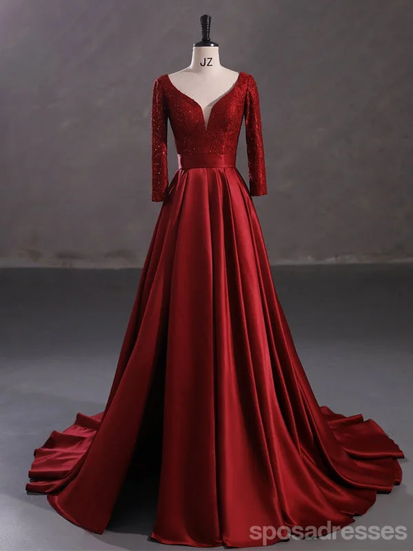 Evening dress with sequins-Burgundy A-line High Slit Long Sleeves Cheap Prom Dresses Online,13056