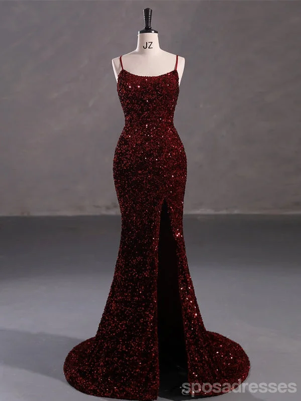 Evening dress with sequined bodice-Burgundy Mermaid Spaghetti Straps Backless Cheap Prom Dresses,13057