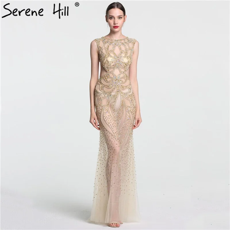 Evening dress with chiffon-On Sale no return no refundSale Champagne Transparent Sexy Mermaid Evening Dress Sleeveless Sequined Tulle Evening Gowns 2024 Serene Hill LA6156