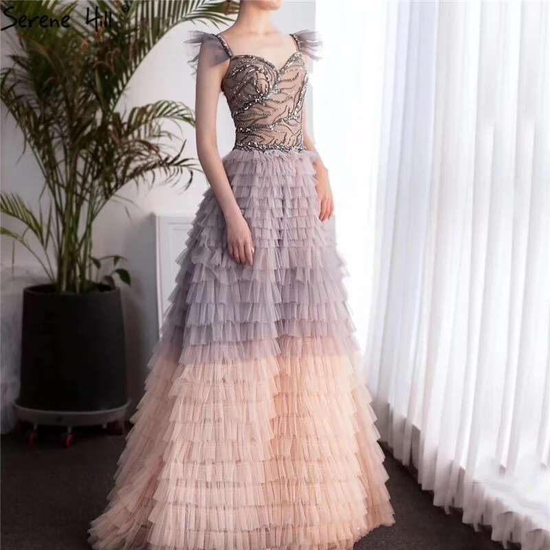 Evening dress with draped bodice-On Sale no return no refundSale Colorful Sleeveless A-Line Sexy Evening Dresses 2024 Tiered Beading Lace Up Formal Dress Design Serene Hill LA70435