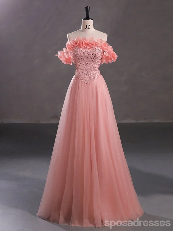 Evening dress with appliqu茅-Cute Pink A-line Off Shoulder Cheap Long Prom Dresses Online,12997