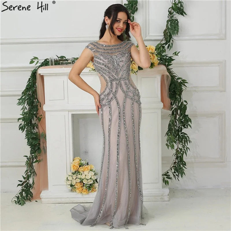 Evening dress with illusion skirt-On Sale no return no refundSale Dubai Design Cutaway Sides Evening Dresses Diamond Pearls Evening Gowns LA6676