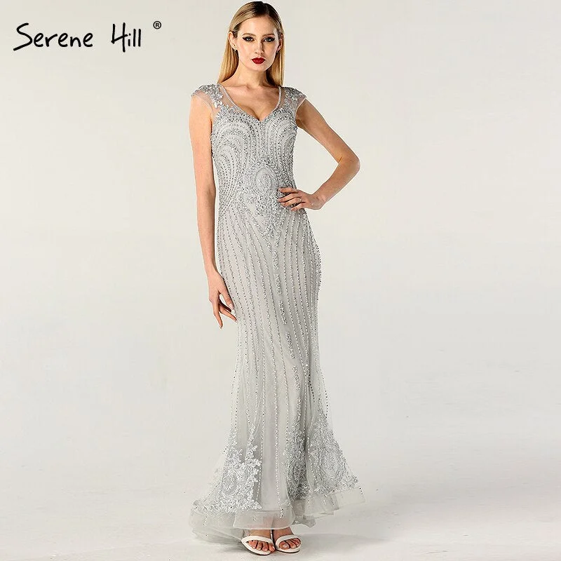 Evening dress with keyhole back-On Sale no return no refundSale Dubai Design Grey V-Neck Luxury Evening Dresses Beading Pearls Cap Sleeve Sexy Evening Gowns 2024 Serene Hill LA60821