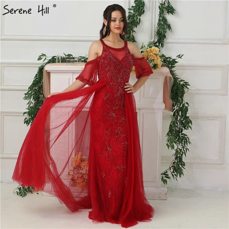 Evening dress with lace applique-On Sale no return no refundSale Dubai Design Half Sleeves Evening Dresses Diamond Beading Sexy Evening Gown LA6691