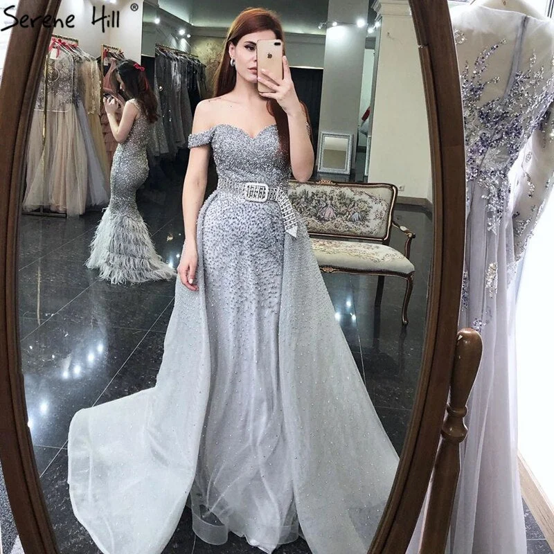 Evening dress with sequins-On Sale no return no refundDubai Grey Mermaid Luxury Sleeveless Evening Dresses 2024 Off Shoulder Sexy Formal Dress  Design Serene Hill LA70602