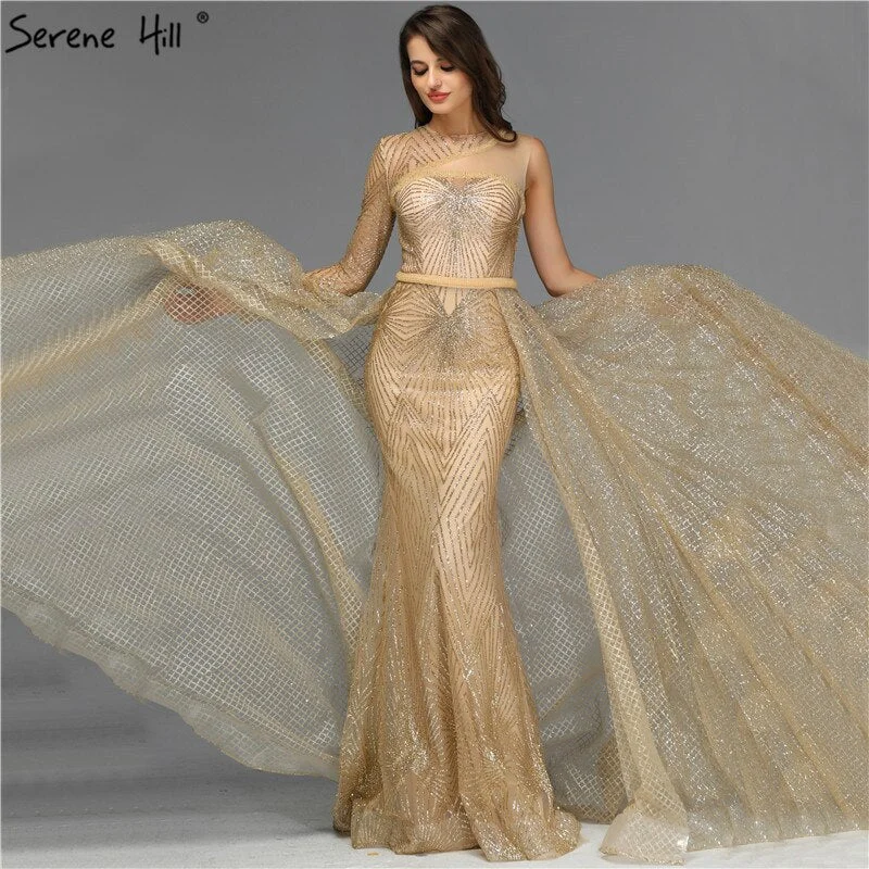 Evening dress with plunging neckline-On Sale no return no refundSale Dubai Luxury Gold One Shoulder Evening Dresses 2024 Mermaid Sexy Glitter Evening Gowns Design Serene Hill LA70044