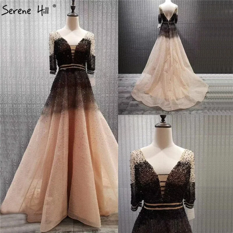 Evening dress with sequined bodice-On Sale no return no refundSale Dubai Luxury Half Sleeves A-Line Evening Dresses Black Backless Tulle Sexy Evening Gowns 2024 Serene Hill LA60808