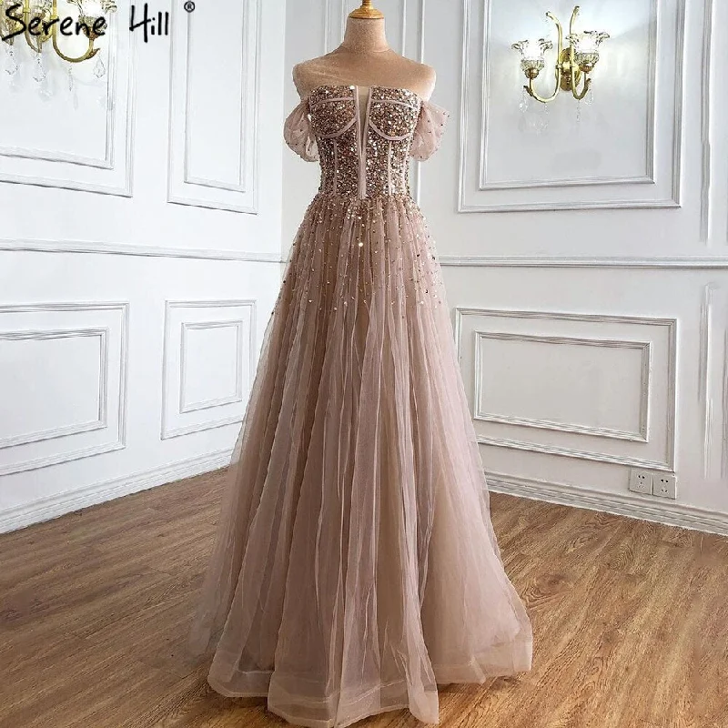 Evening dress with sleeves-On Sale no return no refundDubai Red A-Line Sexy Sleeveless Evening Dresses 2024 Off Shoulder Beading Sparkle Formal Dress Serene Hill LA70545