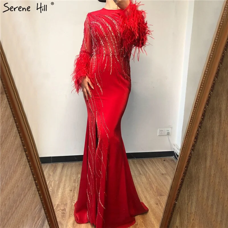 Evening dress with statement sleeves-On Sale no return no refundSale Dubai Red O-Neck Sequined Beading Evening Dressese Feathers Long Sleeves Mermaid Formal Dress 2024 Serene Hill LA70379