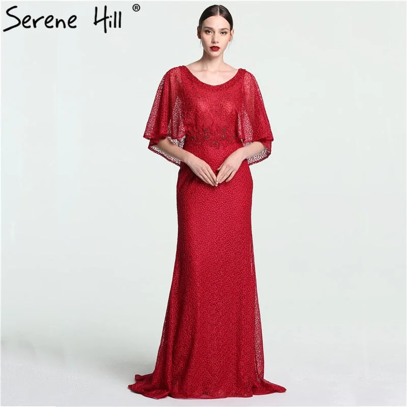 Evening dress with floral print-On Sale no return no refundSale Dubai  Wine  Red  Evening Gowns with  Shawl Beading  Lace Mermaid  Evening Dress Long High-end Luxury 2019 Serene Hill LA6137