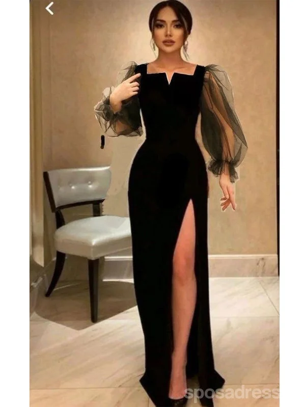 Evening dress with mermaid style-Elegant Black Sheath Long Sleeves Side Slit Cheap Long Prom Dresses Online,12978