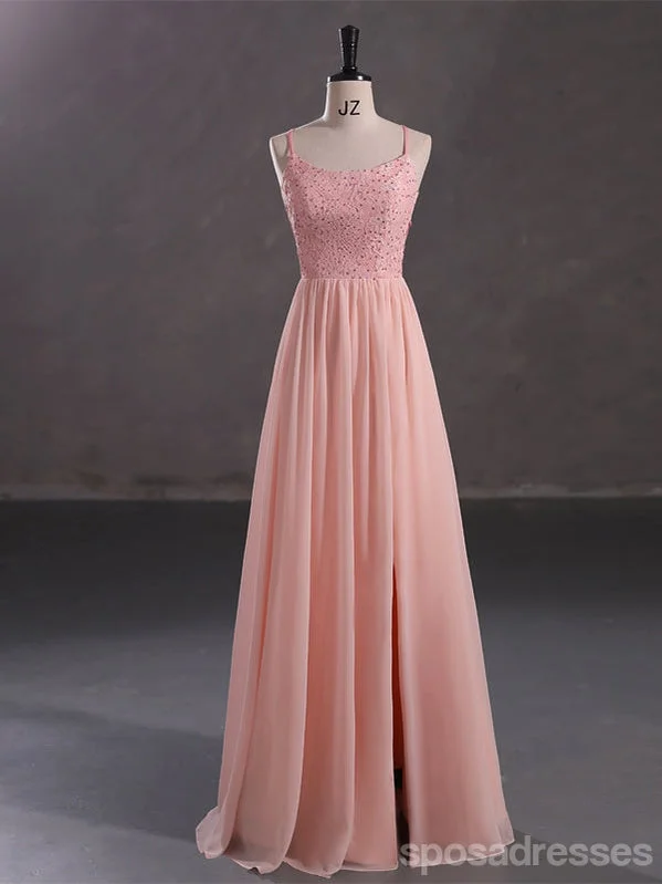 Evening dress with sleeves-Elegant Pink A-line Spaghetti Straps Cheap Long Prom Dresses Online,13054