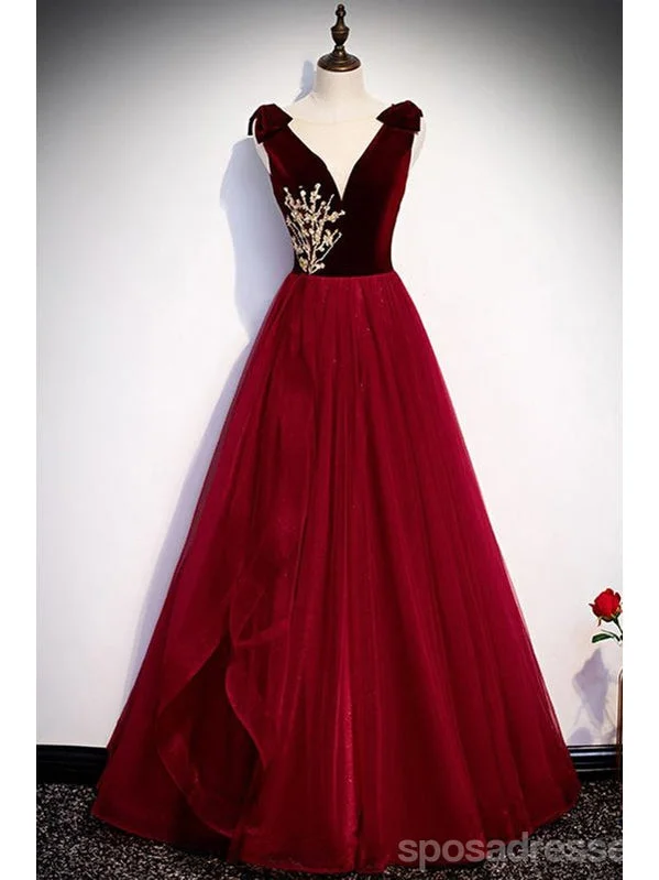 Evening dress with off-shoulder-Elegant Red A-line V-neck Cheap Long Prom Dresses Online,12977