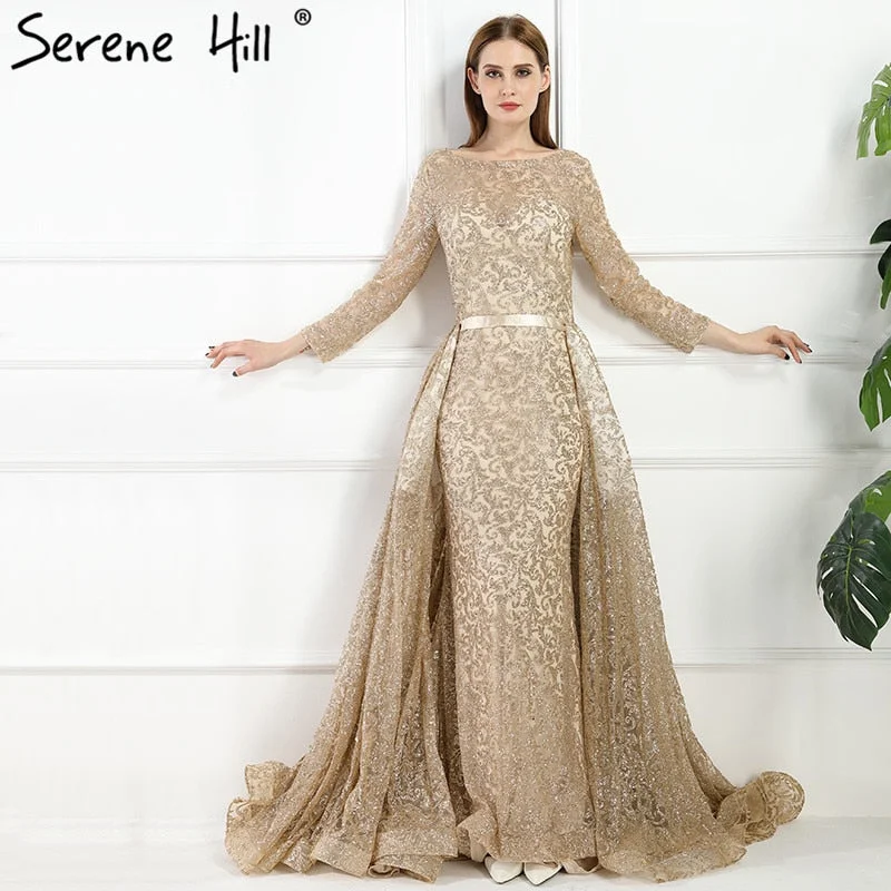 Gold evening dress-On Sale no return no refundSale Fashion Mermaid Luxury Evening Dress Long Sleeves  Gliter  with train Evening Gowns 2024 Serene Hill LA6112