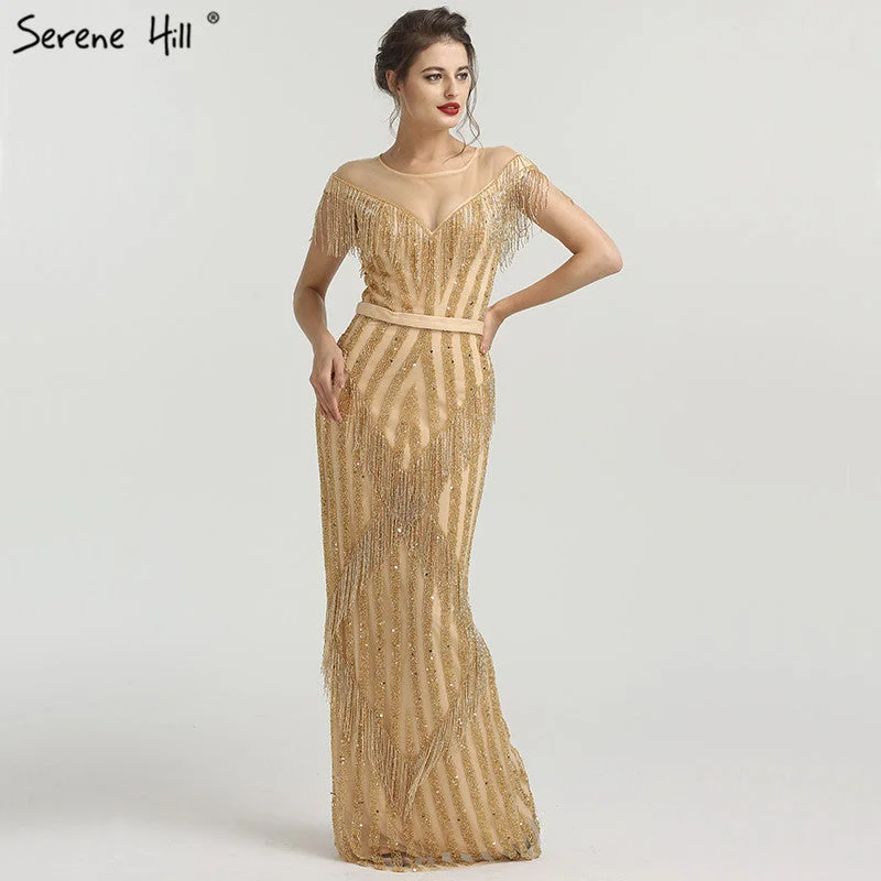 Long evening dress-On Sale no return no refundSale Gold Luxury Sleeveless Mermaid Evening Dresses Elegant Sparkle Evening Gowns LA6543