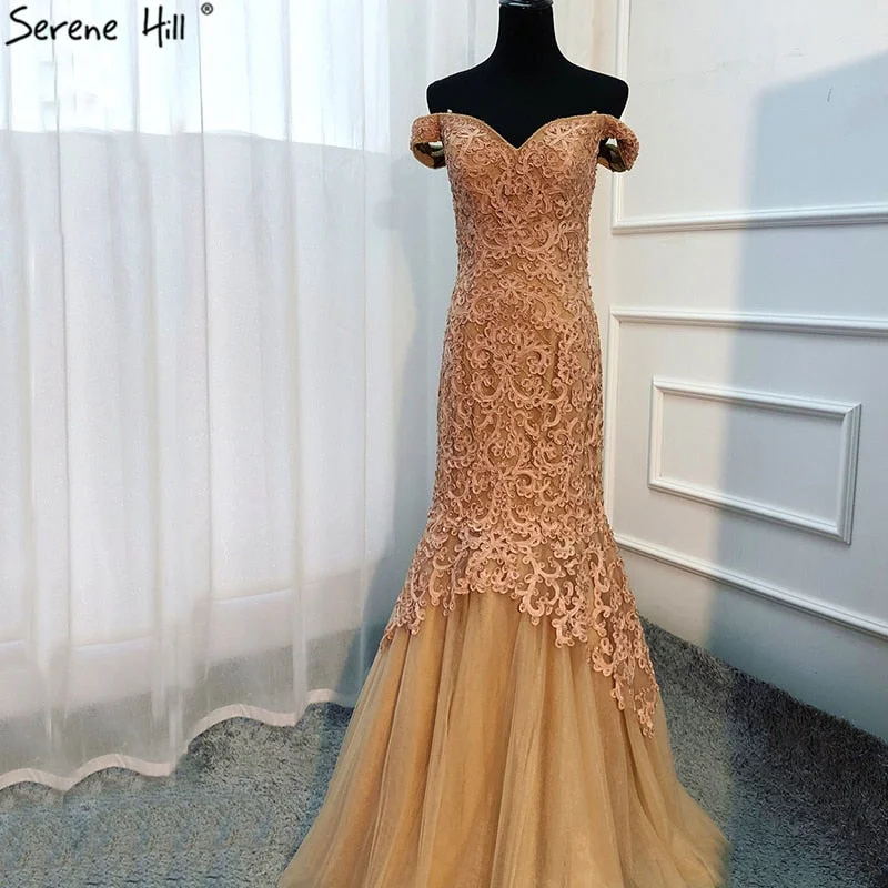 Metallic evening dress-On Sale no return no refundSale Gold Mermaid Off Shoulder Beading Sleeveless Long Evening Party LA6621