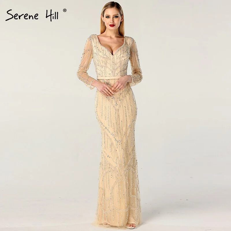 Silver evening dress-On Sale no return no refundSale Gold V-Neck Dubai Design Sexy Evening Dresses Luxury Long Sleeves Beading Crystal Evening Gowns 2024 Serene Hill LA60831