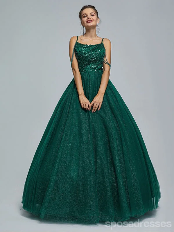 Evening dress with backless design-Green A-line Spaghetti Straps Cheap Long Prom Dresses Online,12996