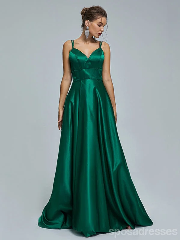 Evening dress with high neckline-Green A-line Spaghetti Straps Side Slit Cheap Long Prom Dresses,12985