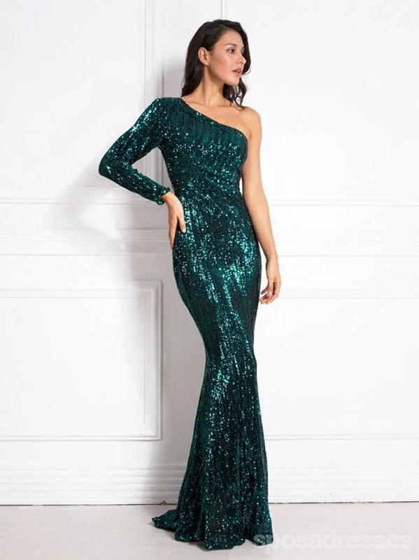 Evening dress with sheer sleeves-Green Mermaid Long Sleeves One Shoulder Cheap Prom Dresses Online,12967