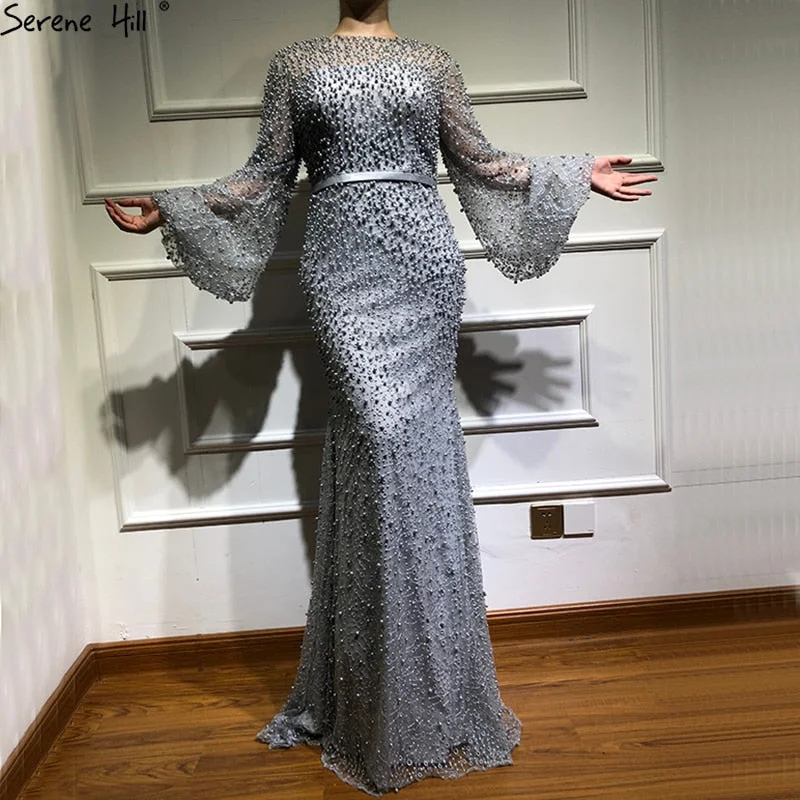 Evening dress for parties-On Sale no return no refundSale Grey Full Pearls Mermaid Evening Dresses 2024 Long Sleeves Sexy Fashion Formal Evening Gowns Serene Hill Plus Size LA6556