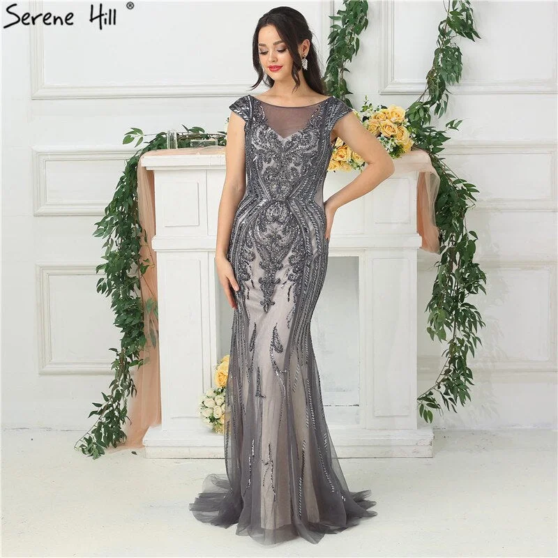 Evening dress for winter-On Sale no return no refundSale Grey High-end Luxury Dubai Design Evening Dress Beading Sequined Sleeveless Sparkle Evening Gowns 2024 Serene Hill LA6679