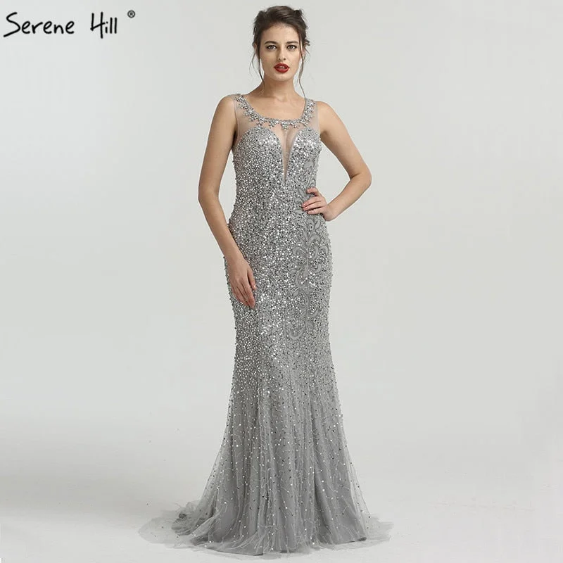 Evening dress with A-line-On Sale no return no refundSale Grey Luxury Sleeveless Sexy Evening Dresses Elegant Mermaid Sequined Sparkle LA6580