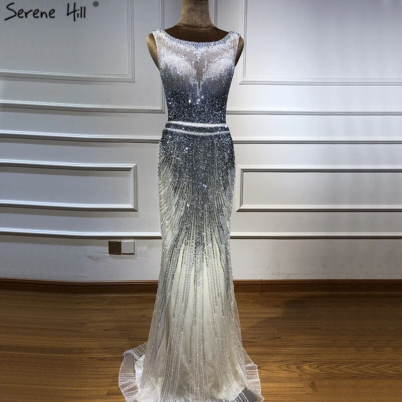 Evening dress with backless design-On Sale no return no refundSale Grey New Beading Crystal Luxury Evening Dresses 2024 High-end Mermaid Sleeveless Sexy Formal Evening Gowns Serene Hill LA6573