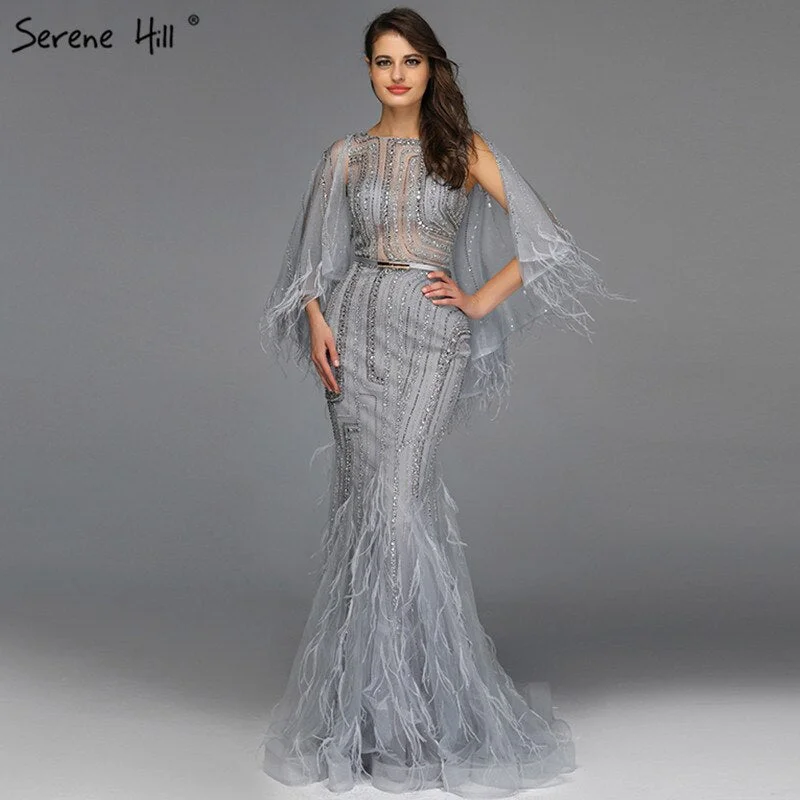 Evening dress with beaded details-On Sale no return no refundSale Grey O-Neck Feathers Crystal Evening Dresses Dubai Design Sleeveless Luxury Sexy Evening Gowns 2024 Serene Hill LA70153