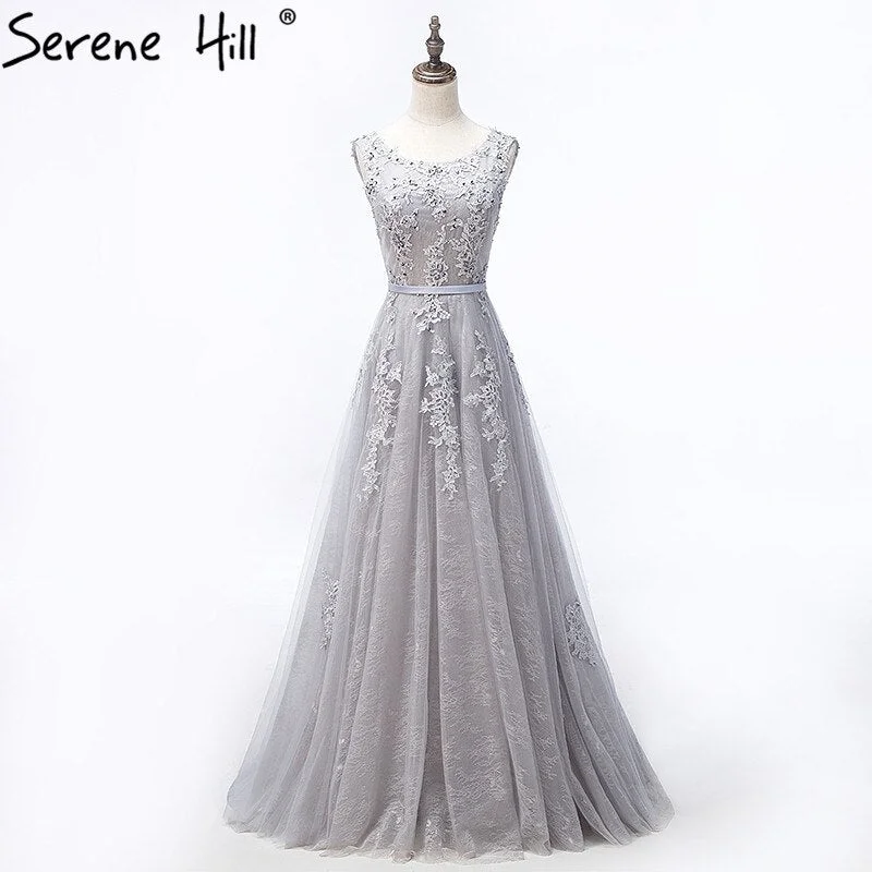 Evening dress with cap sleeves-On Sale no return no refundSale Grey Sexy Backless Tulle A-Line Evening Gowns Beading Appliques Sleeveless Formal Party Dress 2024 Serene Hill  HA2152