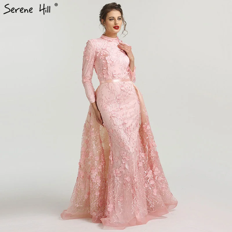 Evening dress with double straps-On Sale no return no refundSale High Neck Evening Dresses Romantic Pink Handmade Flowers A-Line LA6308