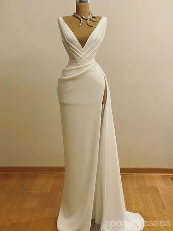 Burgundy evening dress-Ivory Sheath Deep V-neck High Slit Cheap Long Prom Dresses,13011